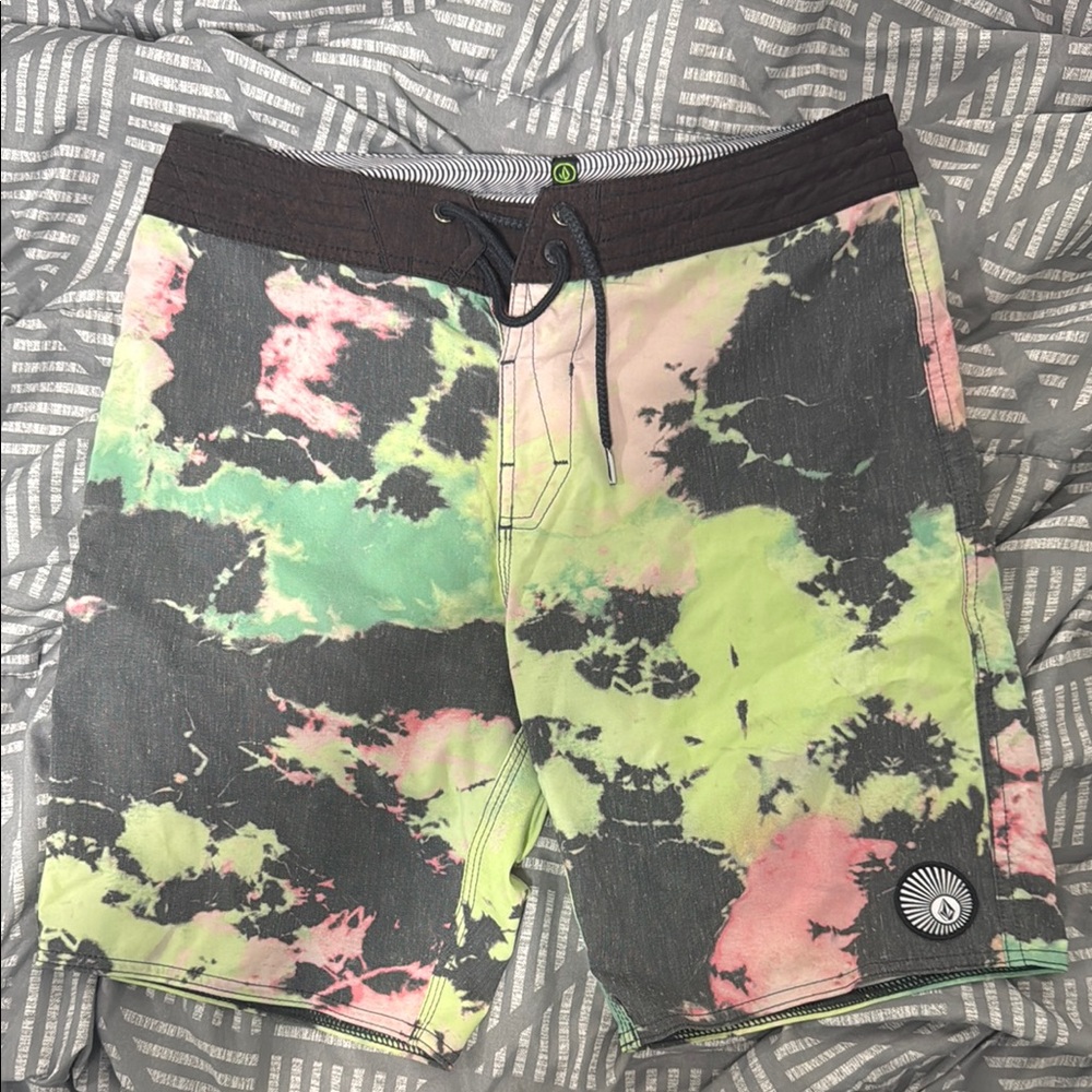 Volcom Green and Pink Swim Board Shorts